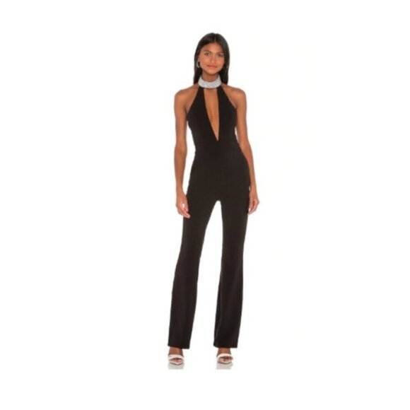 NWT h:ours Made Jumpsuit Crystal Embellished Chainlink Mockneck in Black SZ S